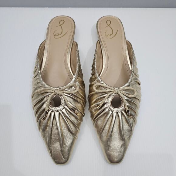 NEW Sam Edelman Julia Mule Womens 9.5 Gathered Gold Leaf Leather Flat Slip On - Picture 4 of 15